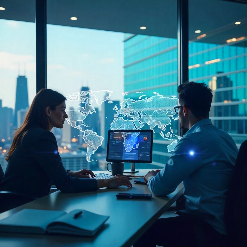 Remote intake specialists from LATAM collaborating online with a Chicago law firm, represented through a digital network and city skyline.