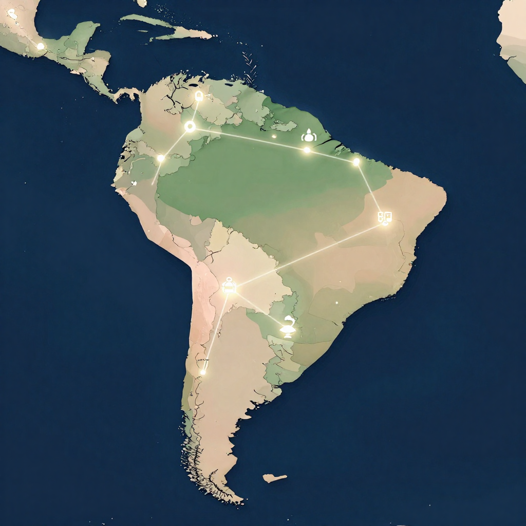 Corporate-style map of Latin America highlighting Colombia, Mexico, Argentina, Peru, Chile, and Brazil as top countries for remote staffing in 2026, with connection lines to North America.