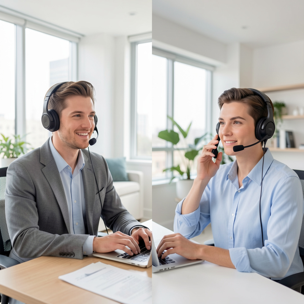 Remote LATAM professionals working as web designer, SDR, bookkeeper, and digital marketing specialist in a modern home office setup