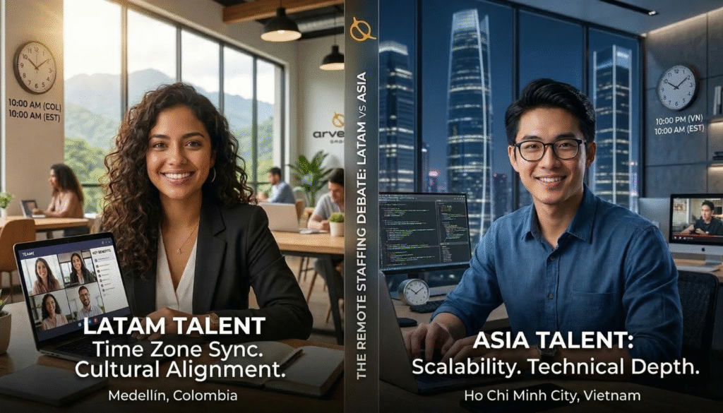Comparative infographic by Arvenda showing the differences between LATAM and Asia for remote staffing, highlighting LATAM’s real-time overlap, cultural alignment, and $8.50/hour starting rate.