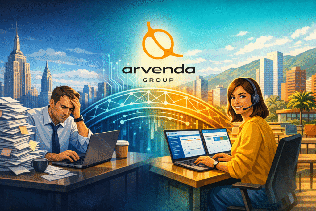LATAM virtual assistant working remotely for a US company, connected through digital collaboration — Arvenda nearshore staffing
